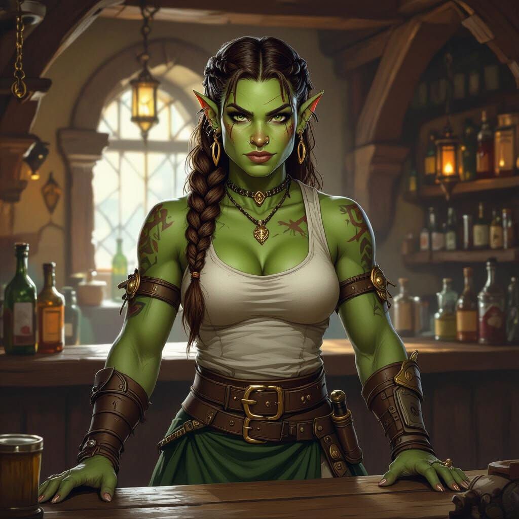 Muscular Orc Tavern-Keep in High Fantasy Style