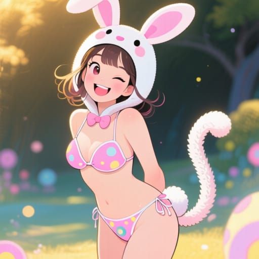Cheerful Korean Woman Winks in Bunny Bikini