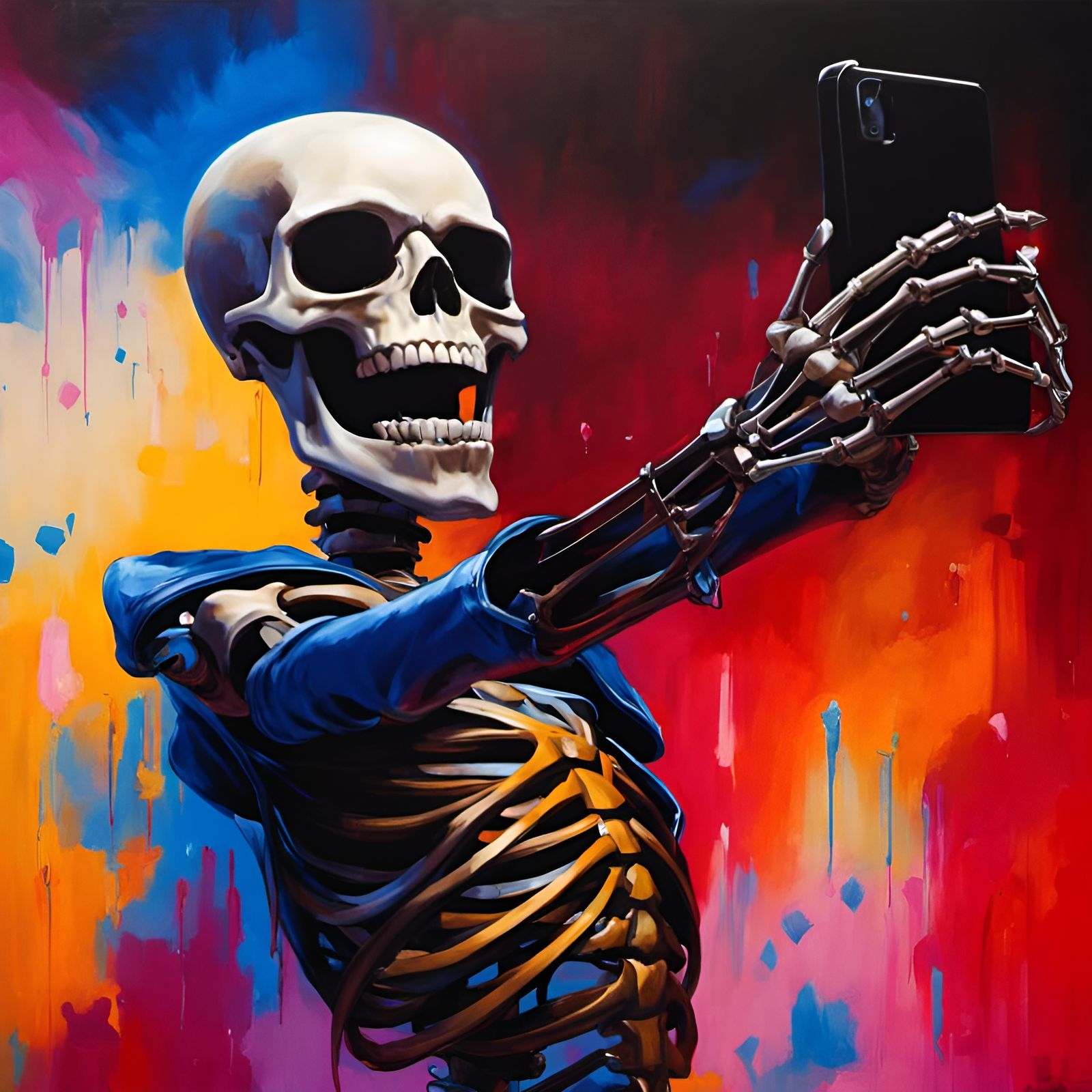Humorous Skeleton Captures Selfie: Hyperdetailed Digital Por...