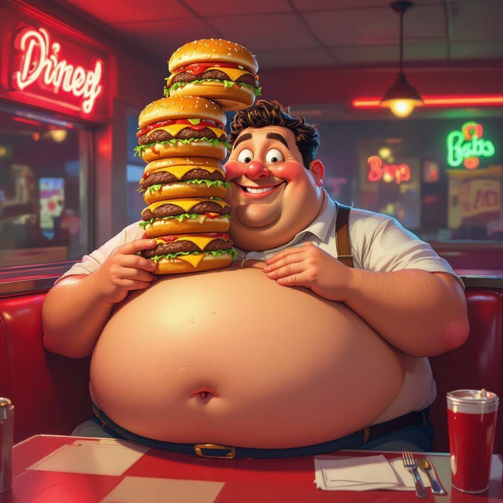 Jolly Fat Man With Burger Stack in Diner
