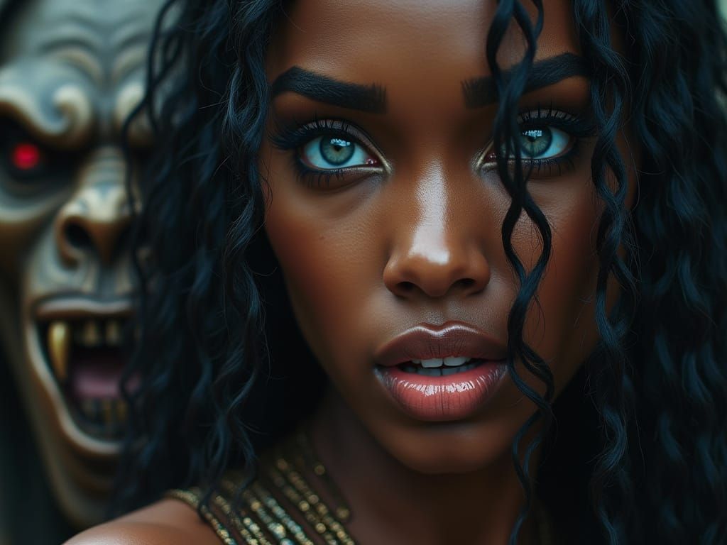 Egyptian Goddess Confronts Menacing Ogre in Futuristic Armor