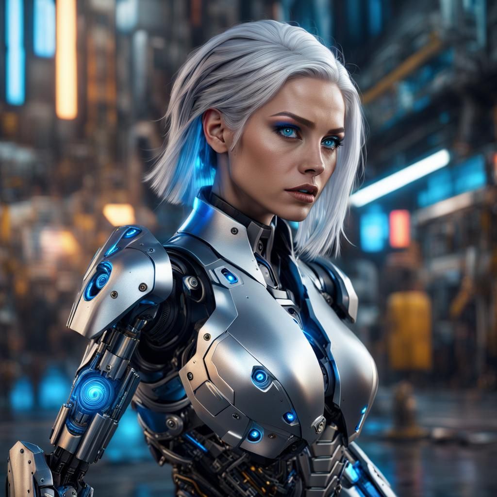 Beautiful Cyberpunk Cyborg Woman with Metallic Details