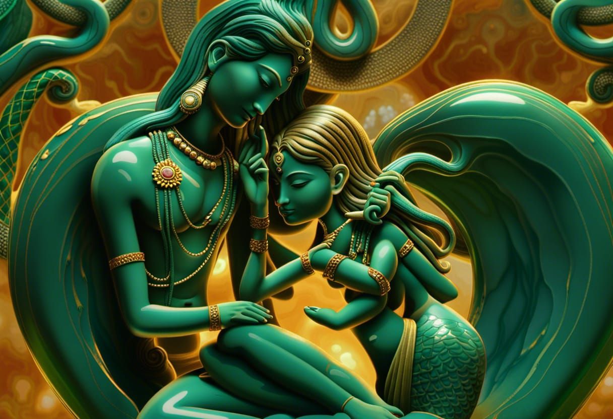 Lord Shiva and Shakti seated entwined in a lotus flower, snake kundalini colored chakras lighing them entwine, 3D, porce...