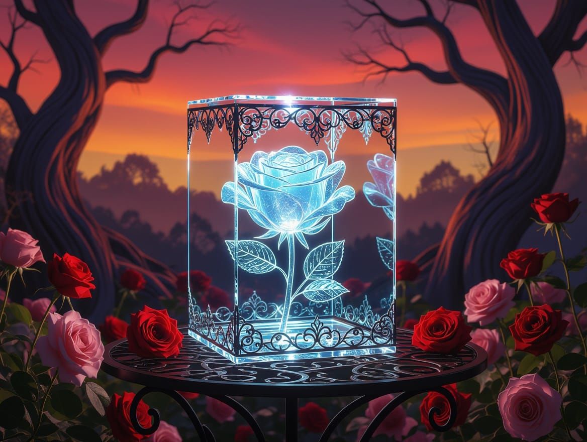 Crystal Blue Rose in Glass Cube: Art Nouveau Masterpiece