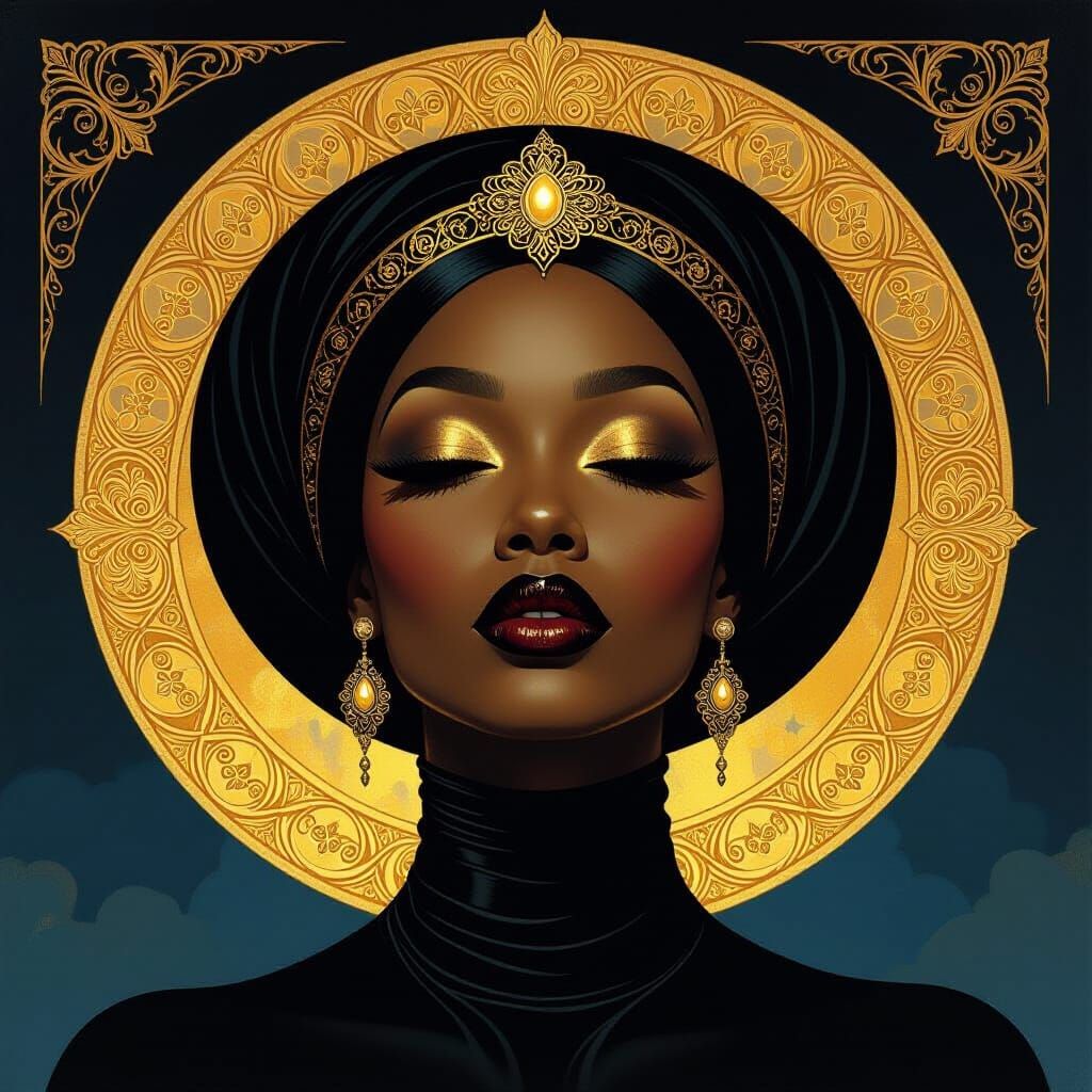 Abstract Portrait of Black Woman with Golden Shine and Art N...