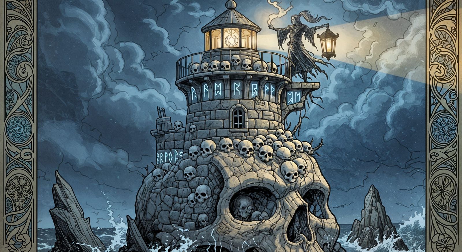 Medieval Lighthouse on Skull Rock in Dark Fantasy Style