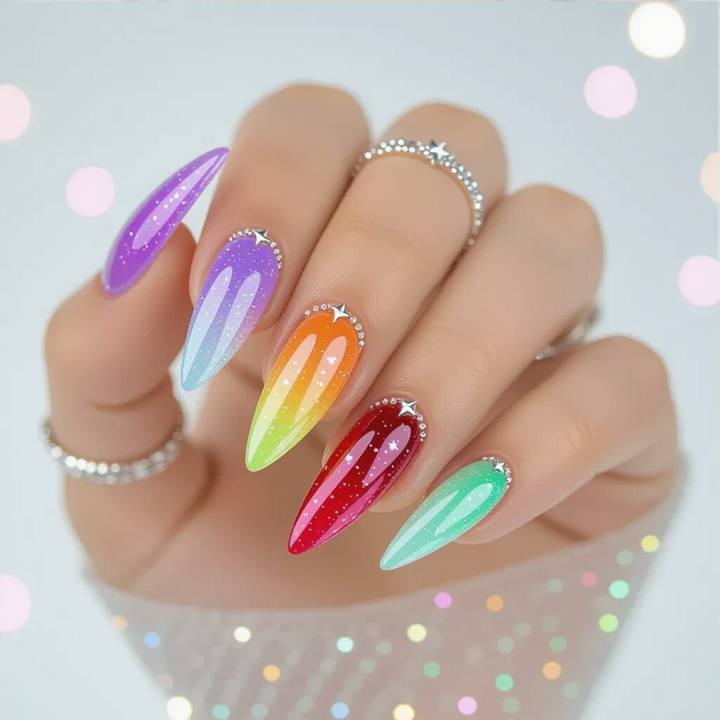 Cosmic Rainbow Glitter Nails with Holographic Stars