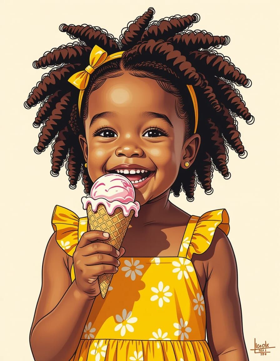 Smiling Girl Eating Ice Cream in Mechanical Drafting Style