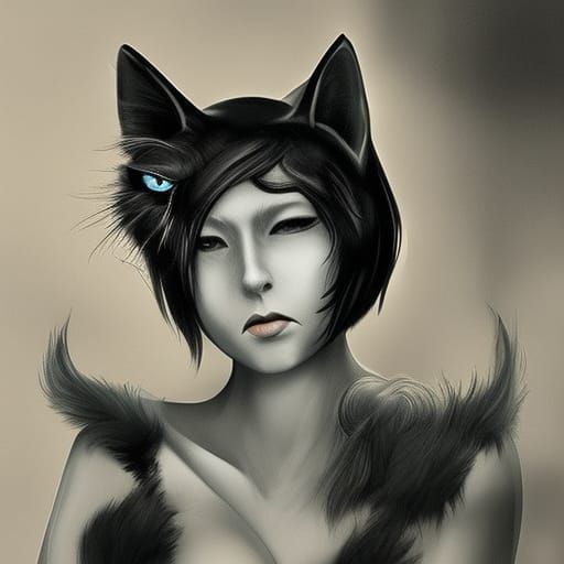 Dramatic Cat Girl in Digital Matte Painting Style