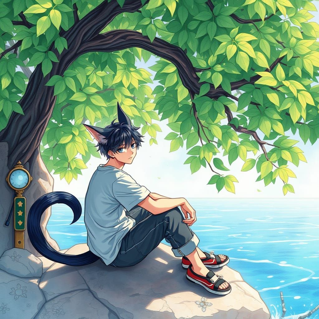 Whimsical Anime Figure Contemplates the Ocean