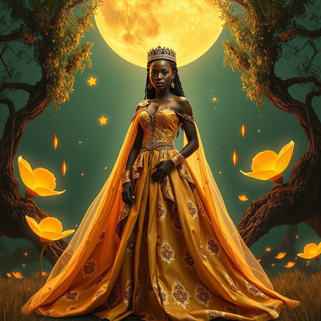 African Queen in Bioluminescent Forest, Art Nouveau Style