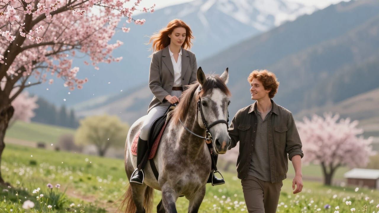 Woman and Man with Horse in Spring Mountain Landscape