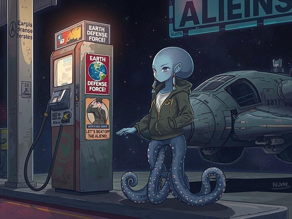 Alien Octopus at Space Gas Station: Watercolor Digital Art