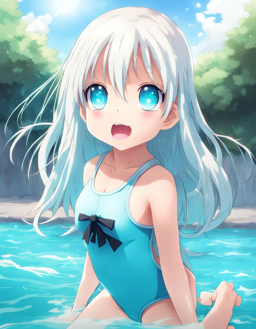 Anime Girl with White Hair and Cyan Eyes