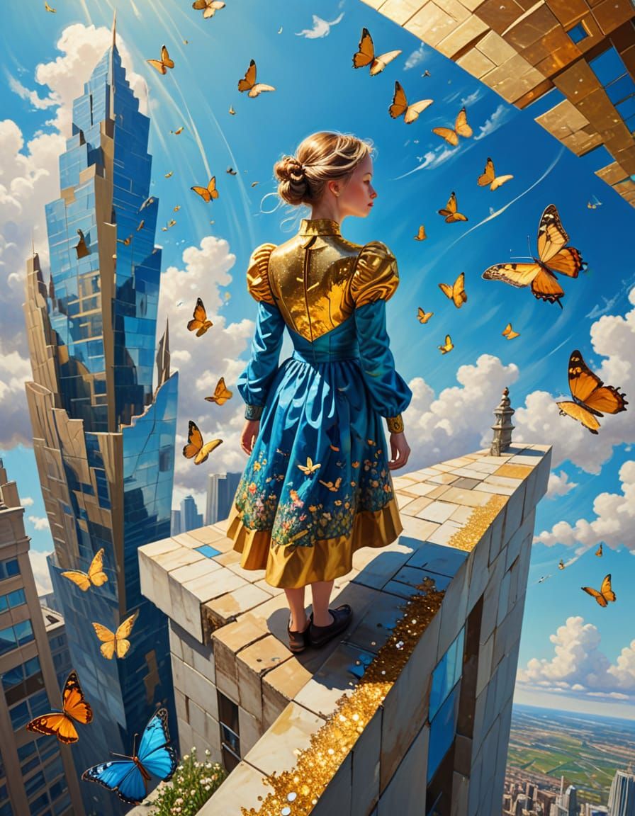 Surreal Figure on Skyscraper Edge in Oil Painting Style