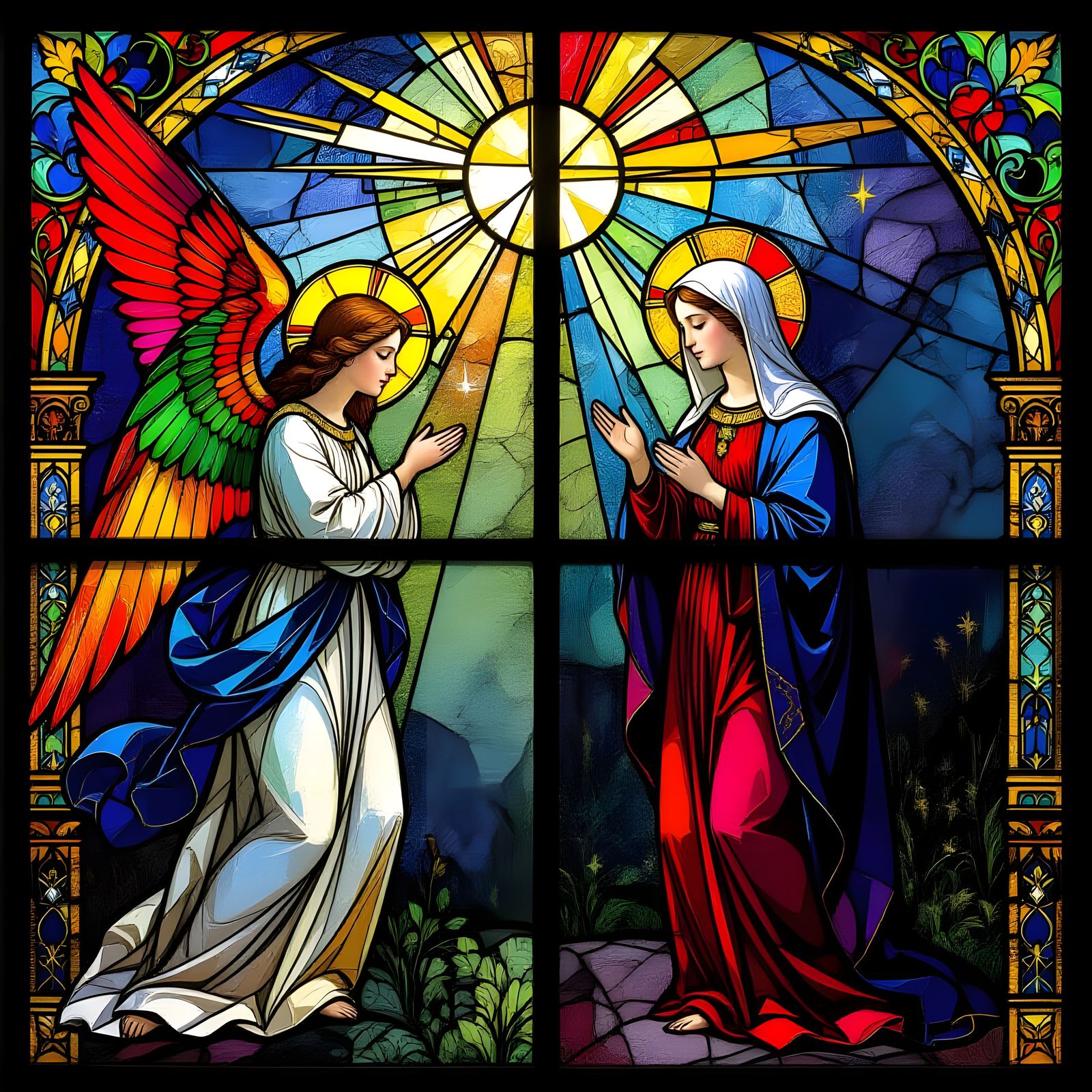 Annunciation Stained Glass Art in Gouache and Watercolor Sty...