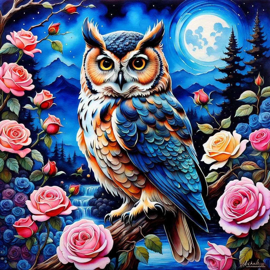 Surreal Owl in Rose Garden at Night