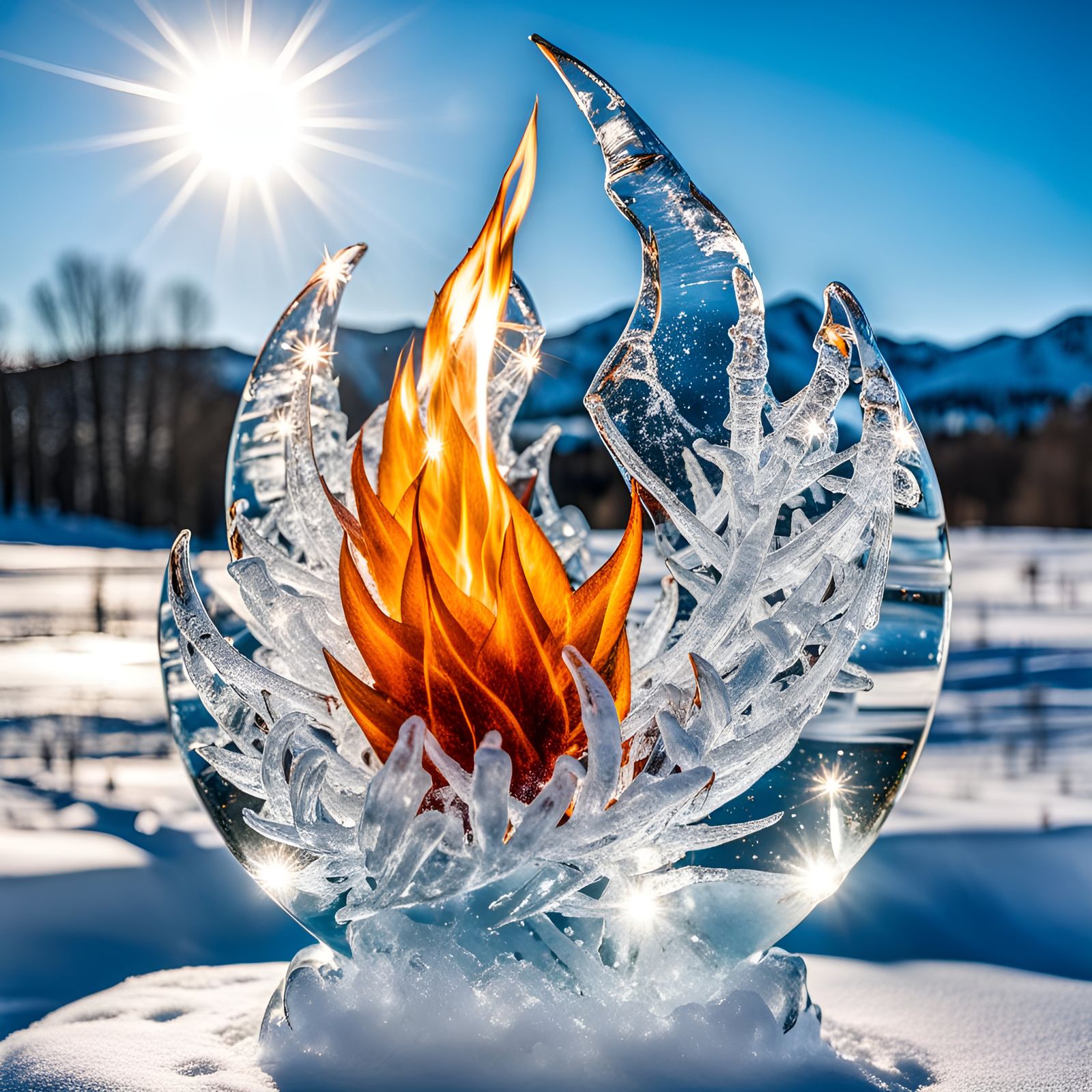 Icy Flame Sculpture Sparkles in Sunlight