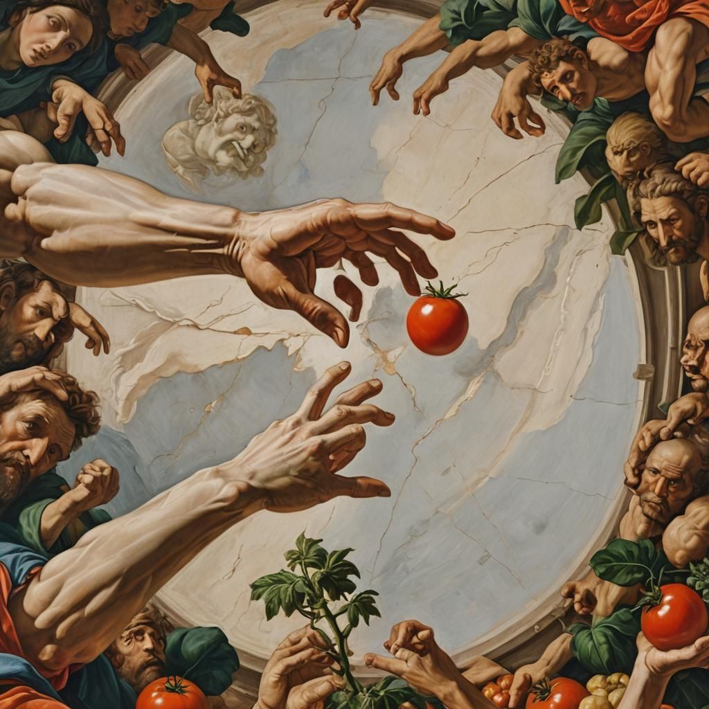 Tomato and Michelangelo's Adam as Oil Painting