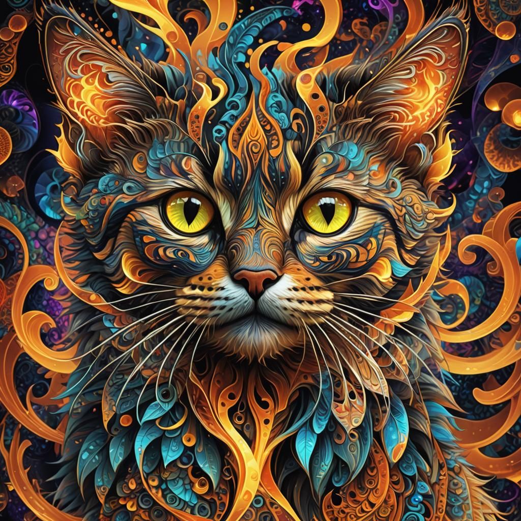 Fiery-Eyed Cat in Abstract Neon Fractal Art