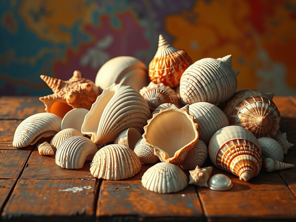 An assortment of painted seashells on a table.