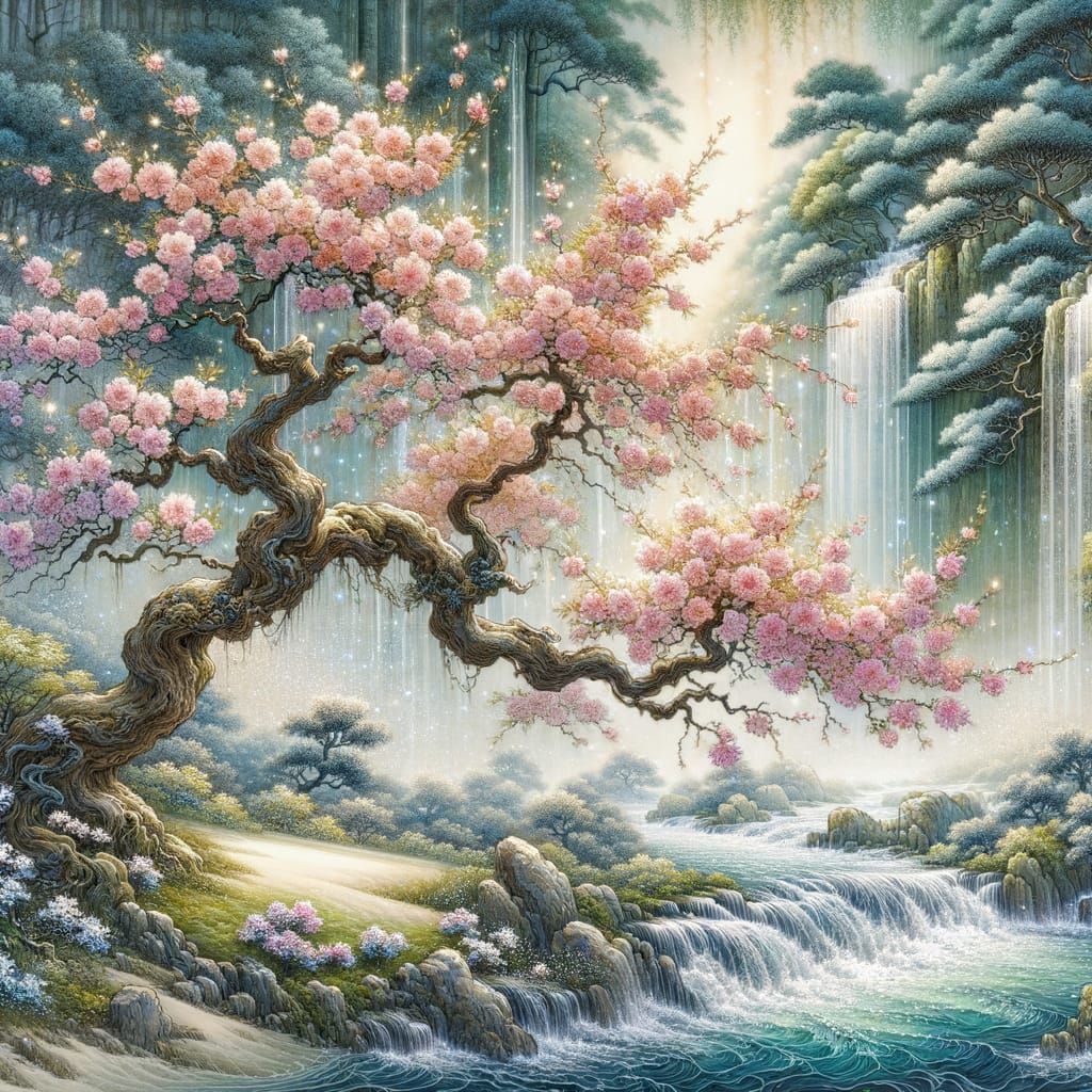 Oriental Garden with Waterfalls and Cherry Blossoms