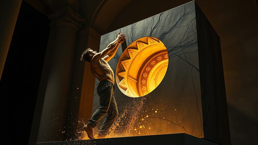 Sculptor Unveils Luminous Figure in Marble: Dramatic Oil Pai...