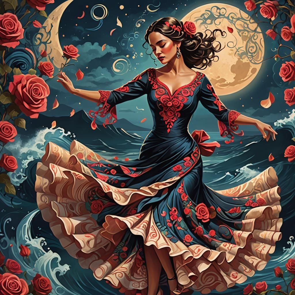 Flamenco Dancer with Roses in a Surreal Seascape