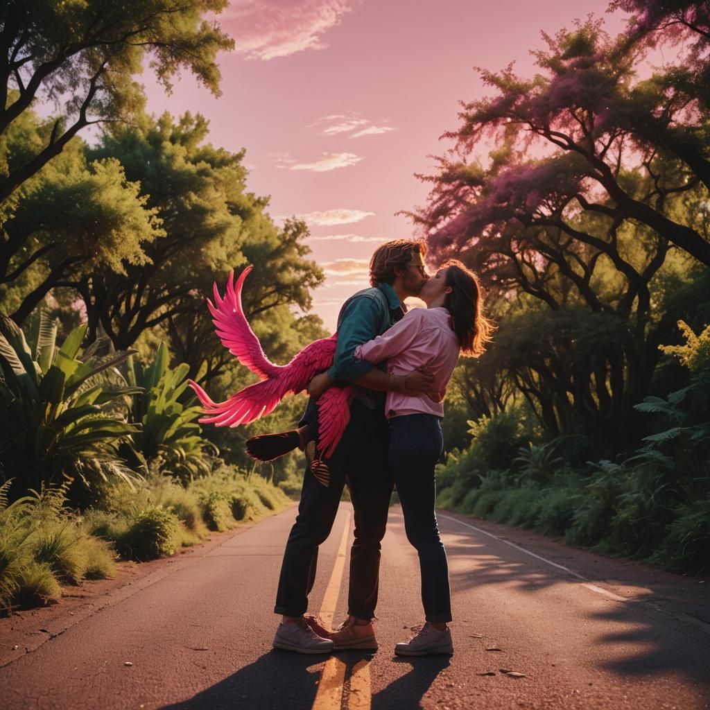 Lovers Kissing at Crossroads with Phoenix in Sky
