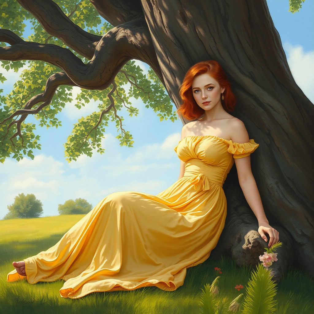 Woman in Gold Dress Resting, Oil Painting