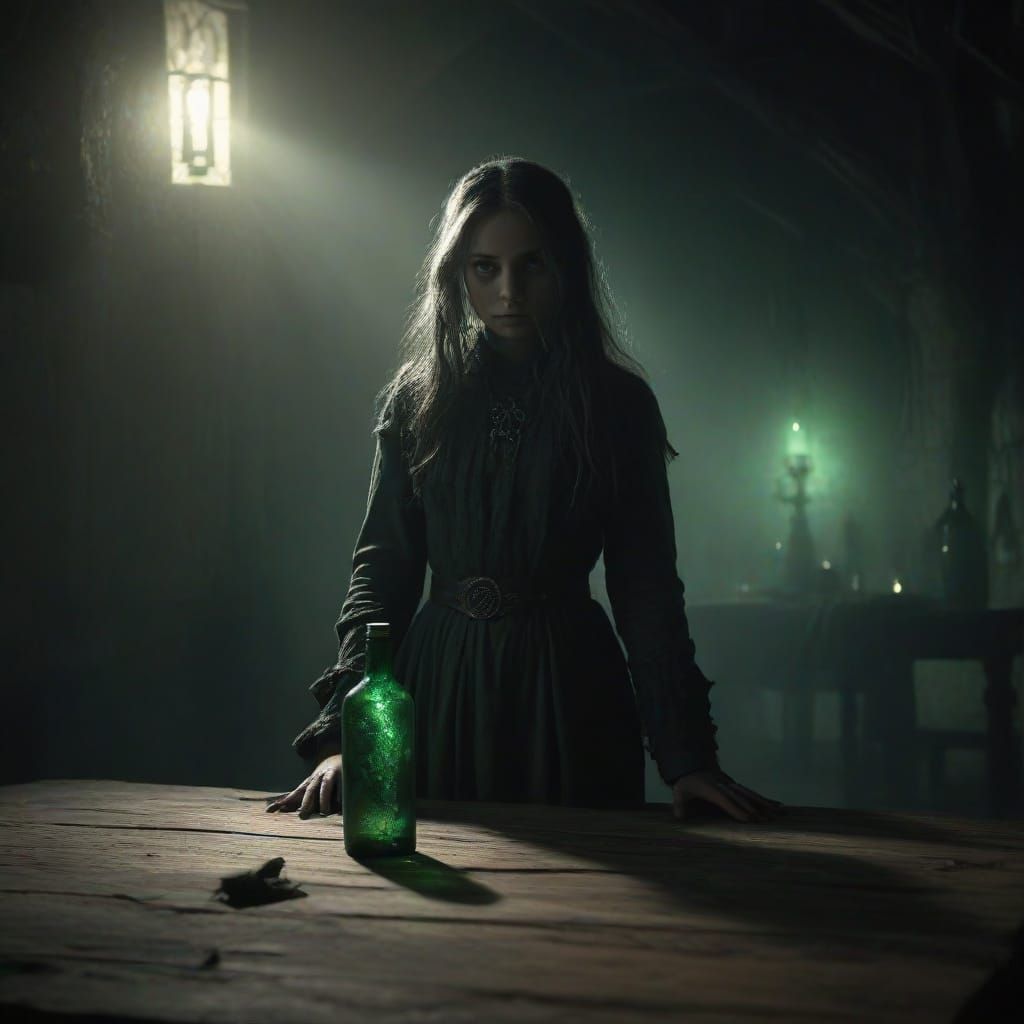 Gothic Horror Scene with Young Girl and Ghostly Figure