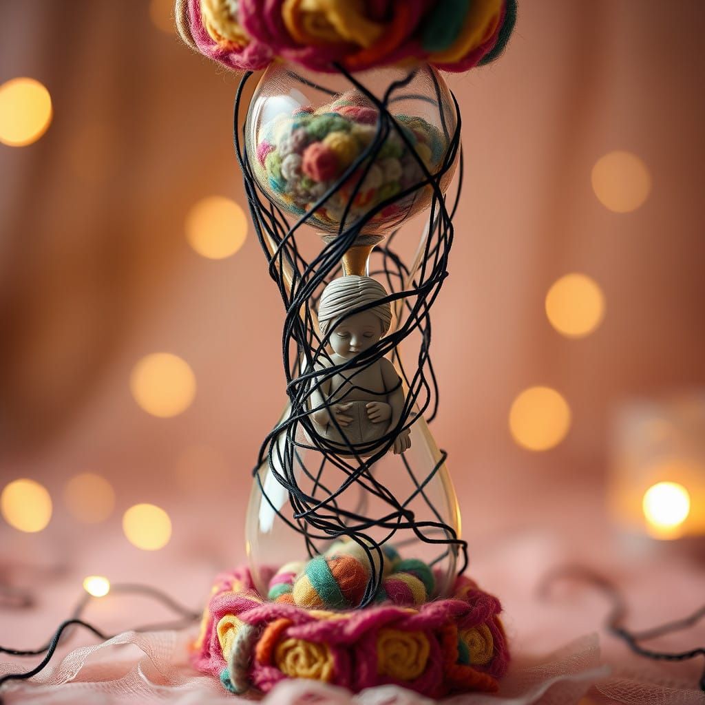 Whimsical Felted Wool Hourglass with Child in Delicate Black...