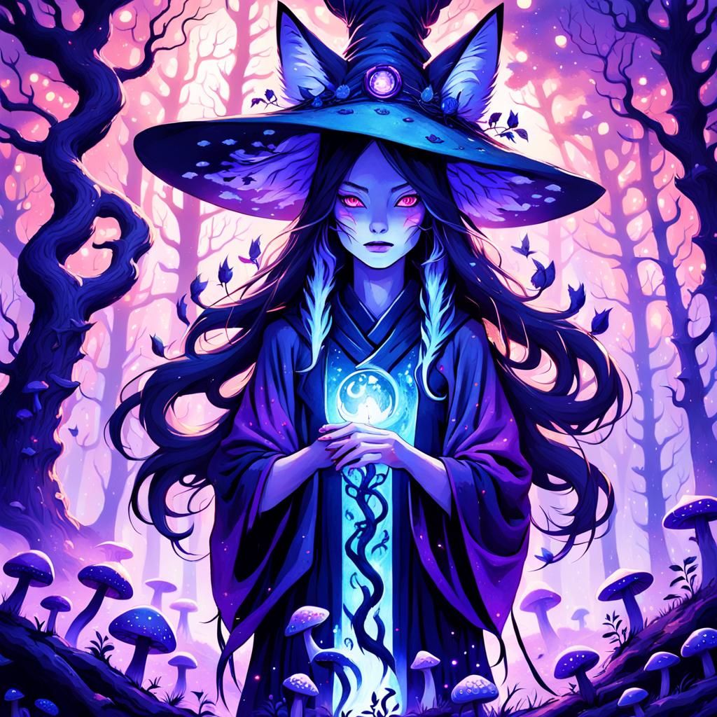 Kitsune Witch in Mystical Forest: Digital Painting