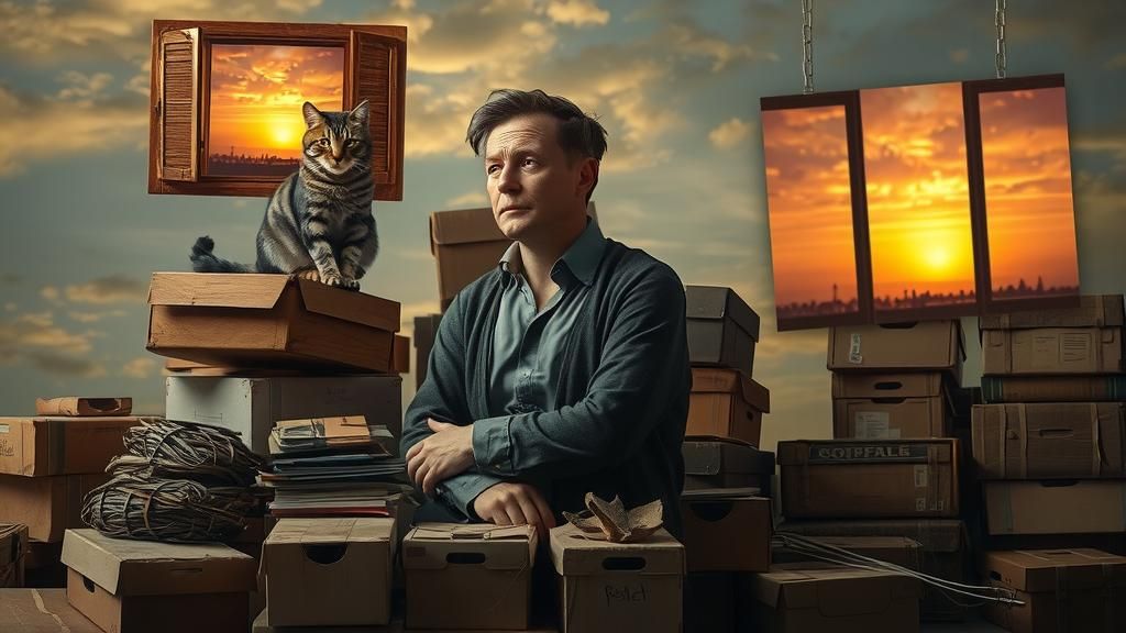 Surreal Man with Floating Cat and Windows