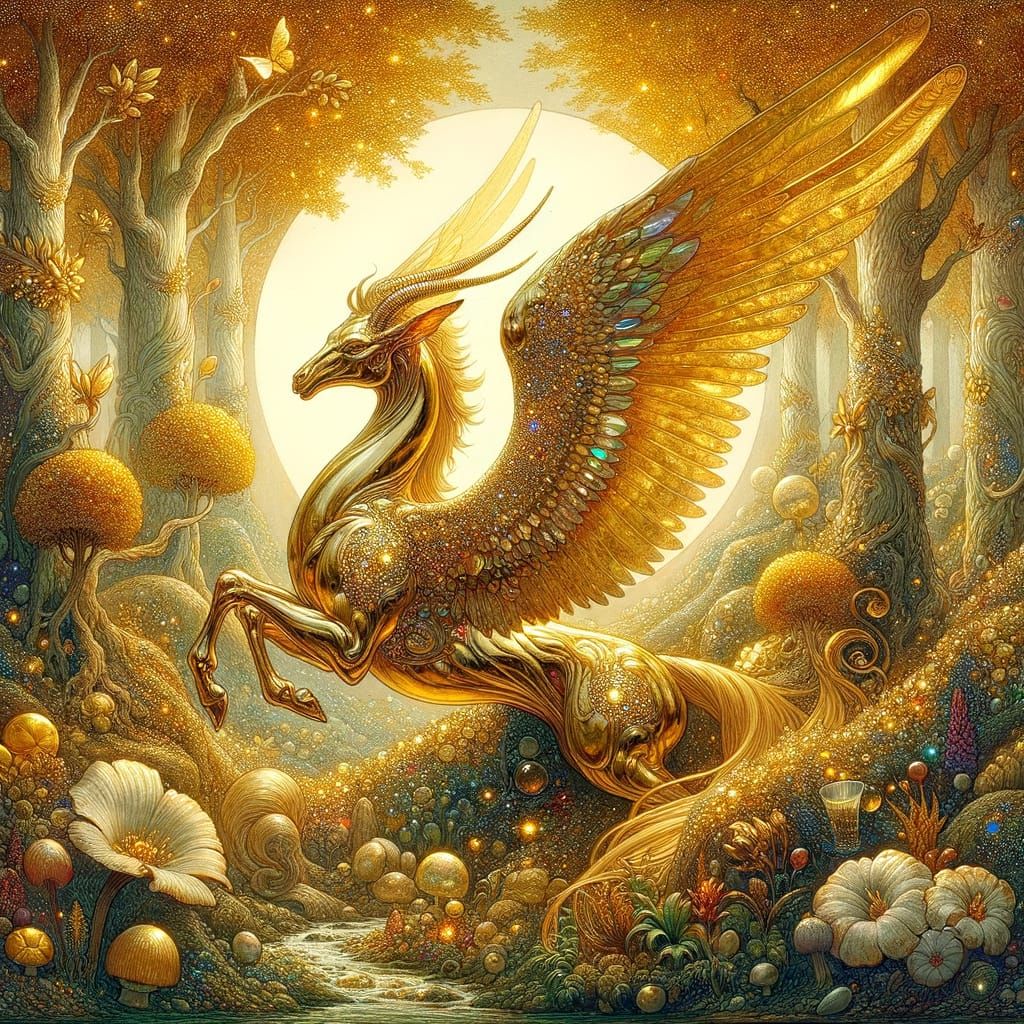 Winged Golden Being in Enchanted Forest