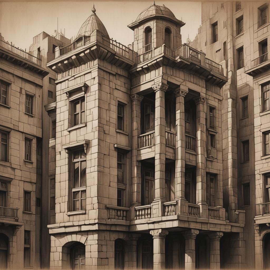 Cubist Sandstone House in Film Noir Style