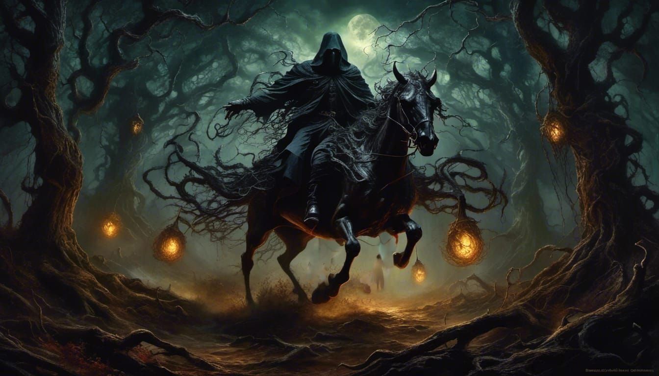 Headless Horseman in Forest: Eldritch Action Painting