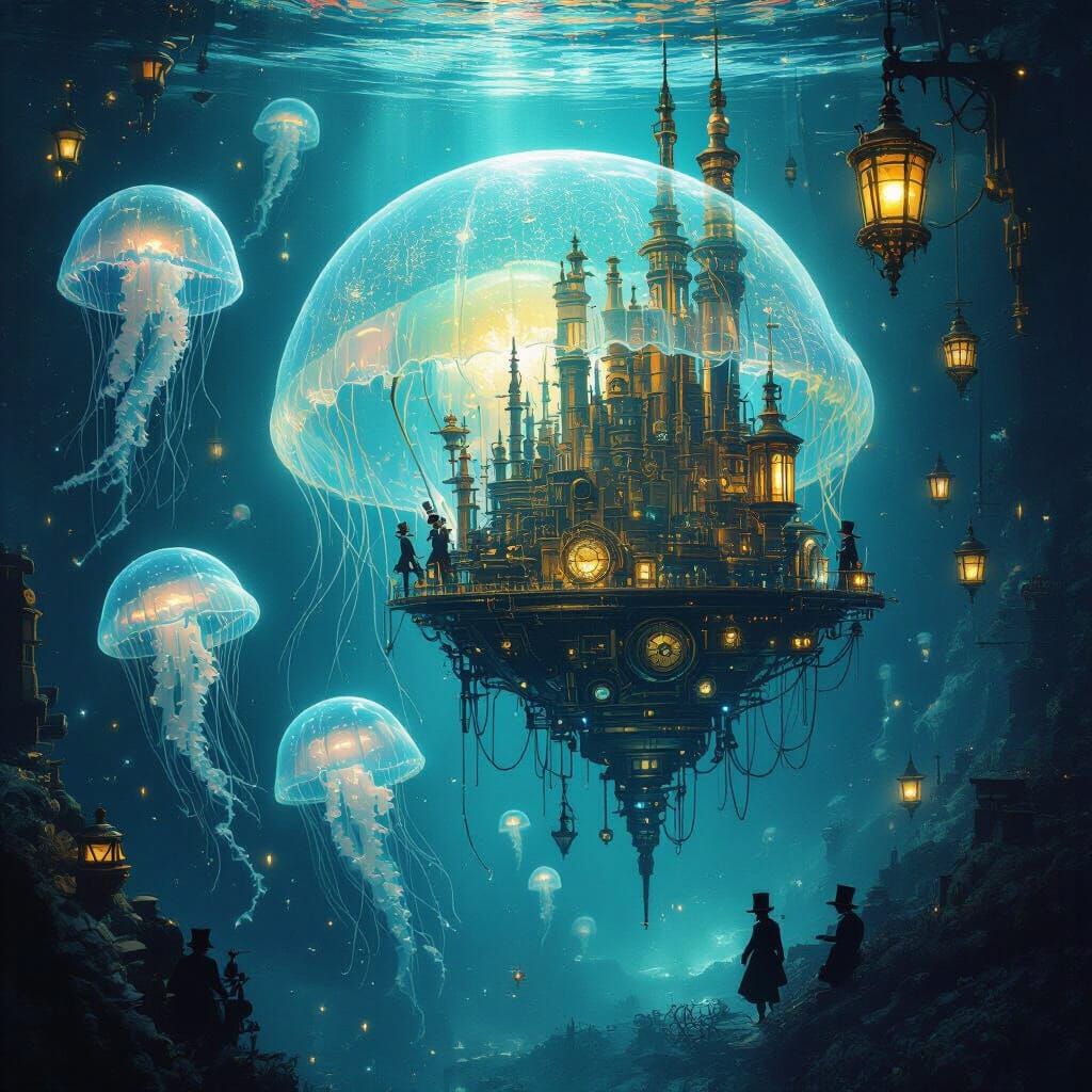 Bioluminescent Jellyfish Drifting Through Alien Ocean