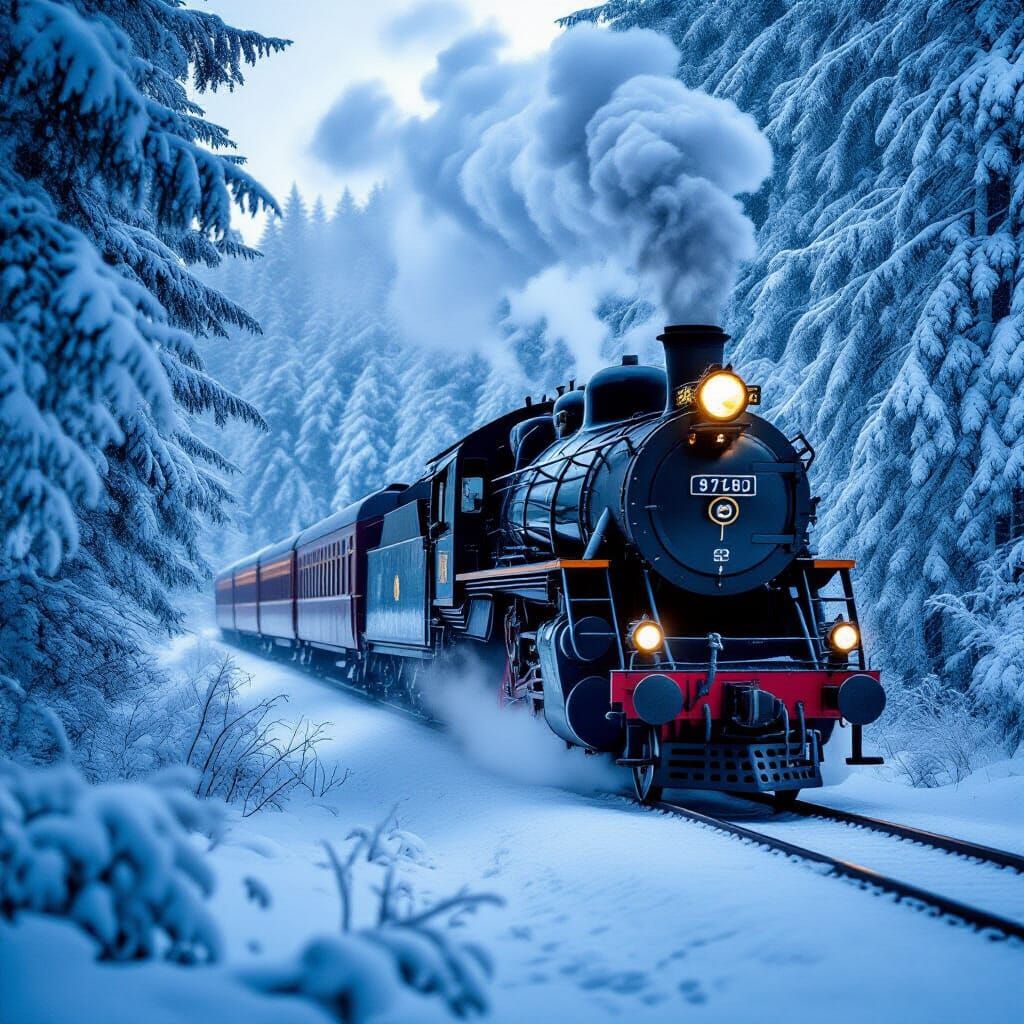 Vintage Steam Train in Snowy Forest Landscape