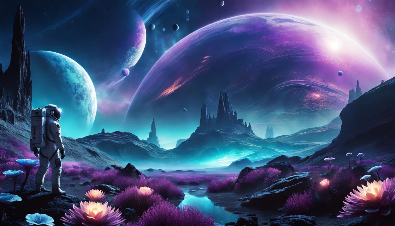 Astronaut and Bioluminescent Flora on Alien Planet