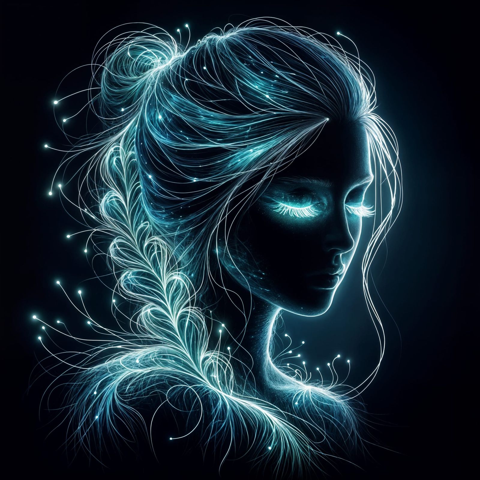 Ethereal Electric Filament Portrait of Serene Woman