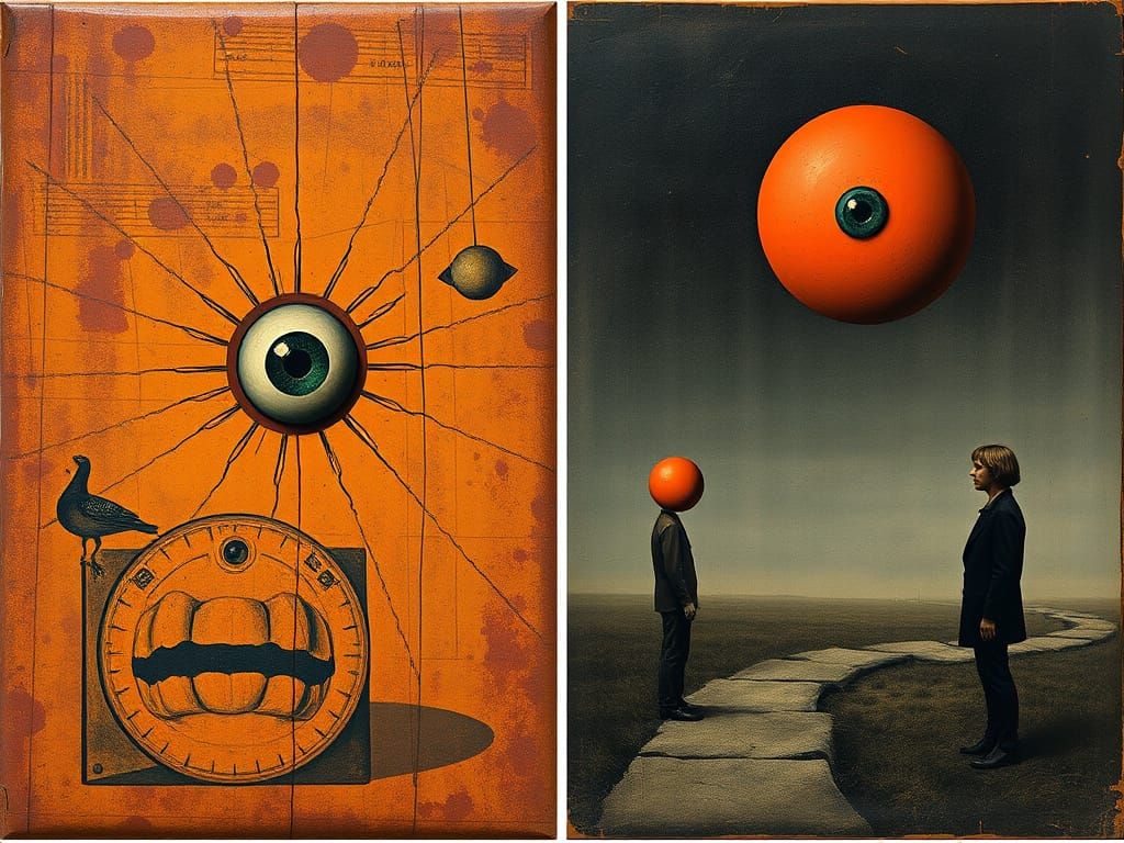 Surrealist Collage with Textured Rust Elements