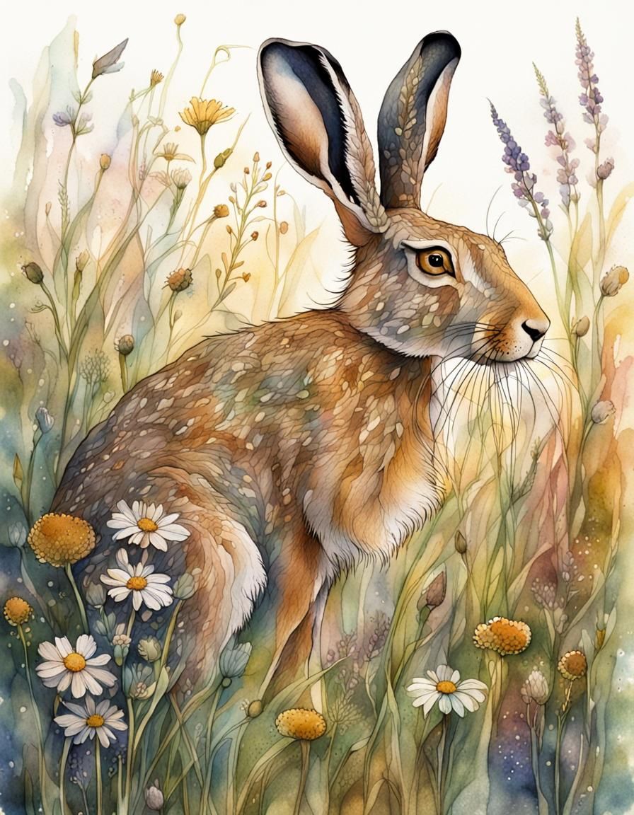 Mystical Hare in Wildflower Meadow: Symbolic Realism