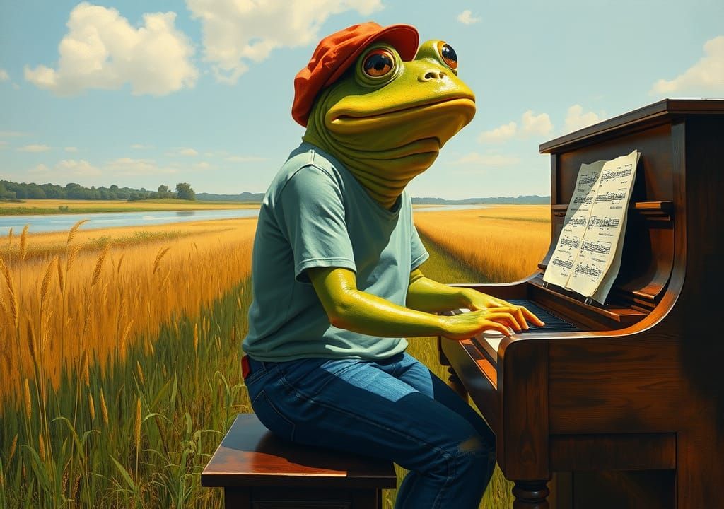 Frog-like Creature Plays Piano, Classic Art Style