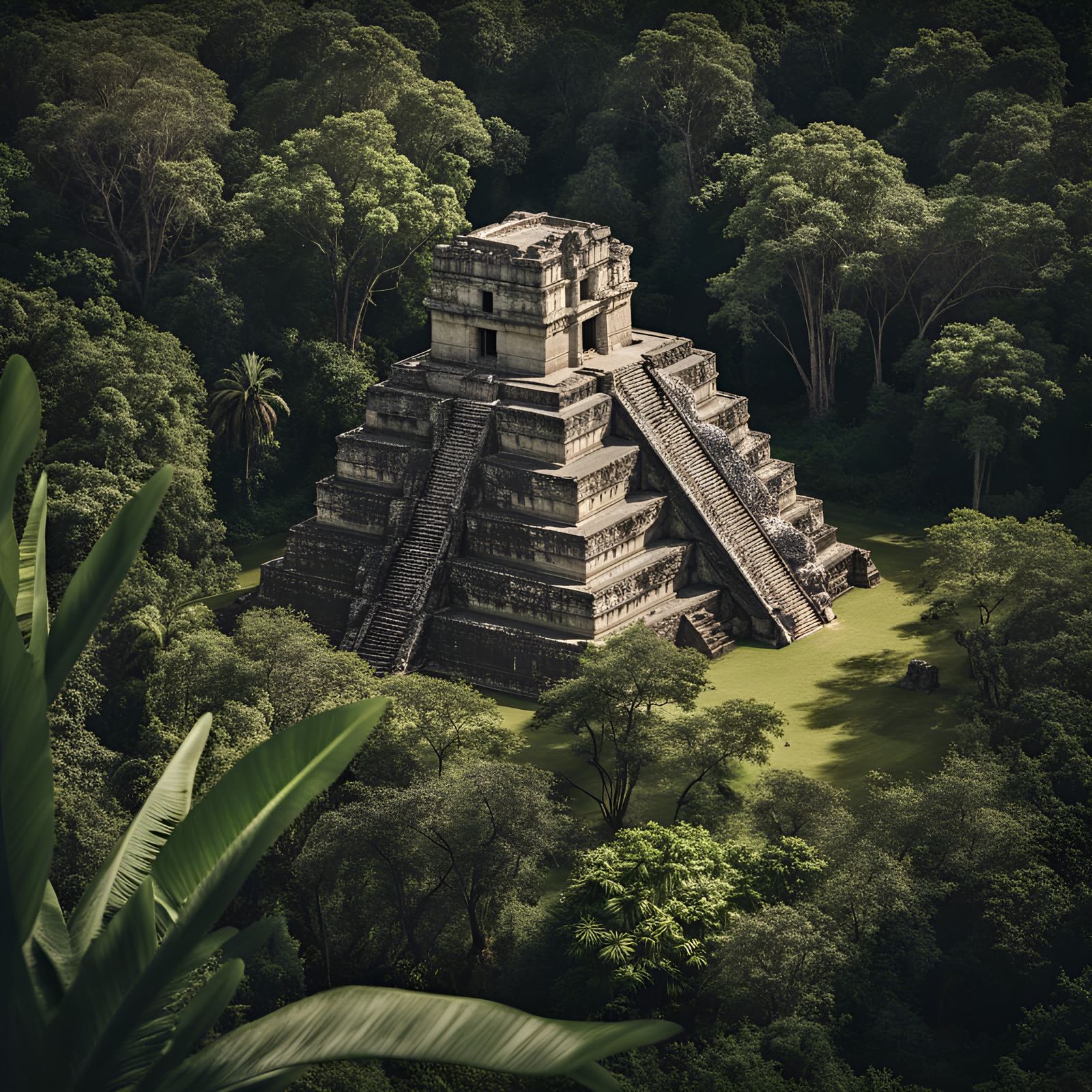Mayan Temple Amidst Jungle Foliage