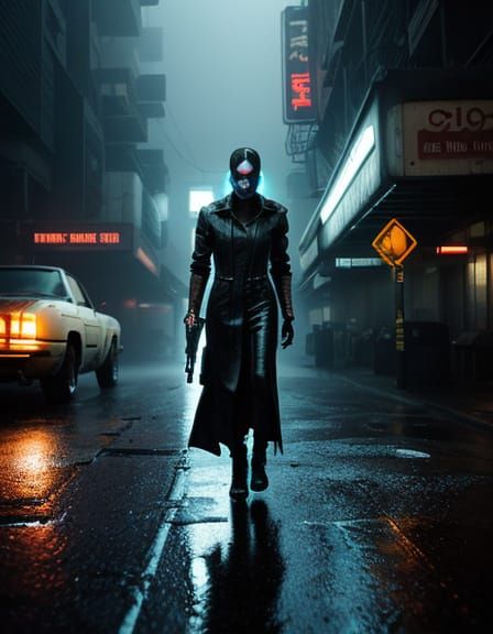 Confident Cyberpunk Warrior Emerges from Shadows