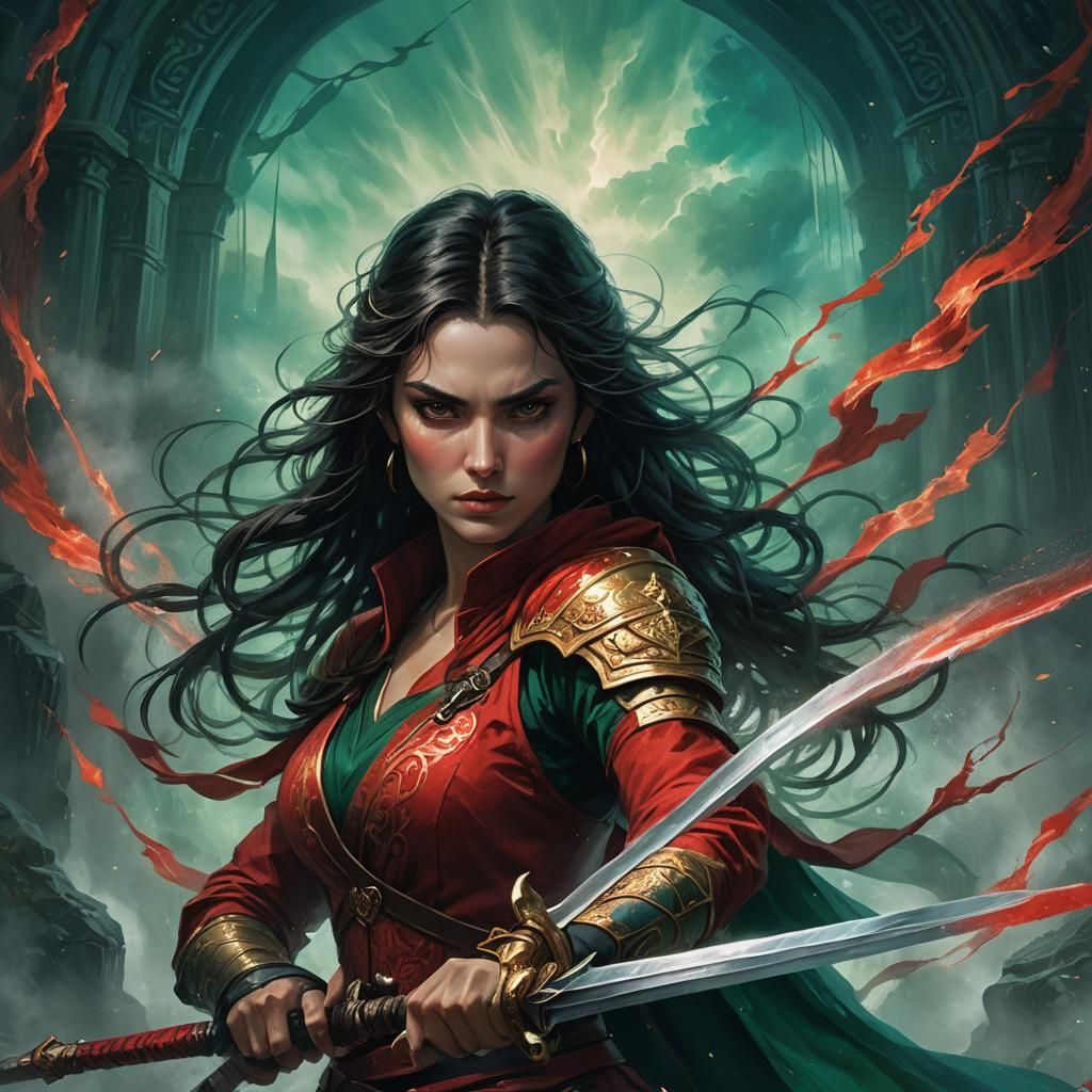 Fantasy Girl Dual-Wielding Swords in Dark Mist