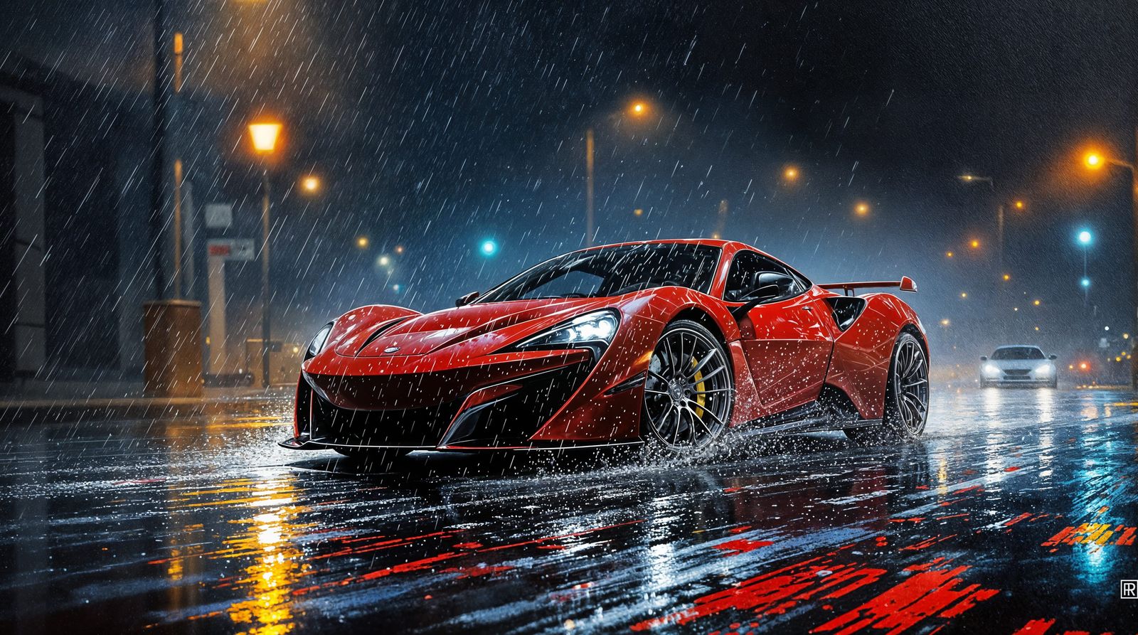 Sleek Red Sports Car in Rainy City Night