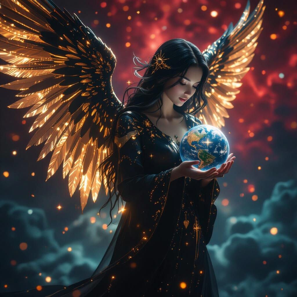 Ethereal Angel Holds Planet in Cosmic Nebula