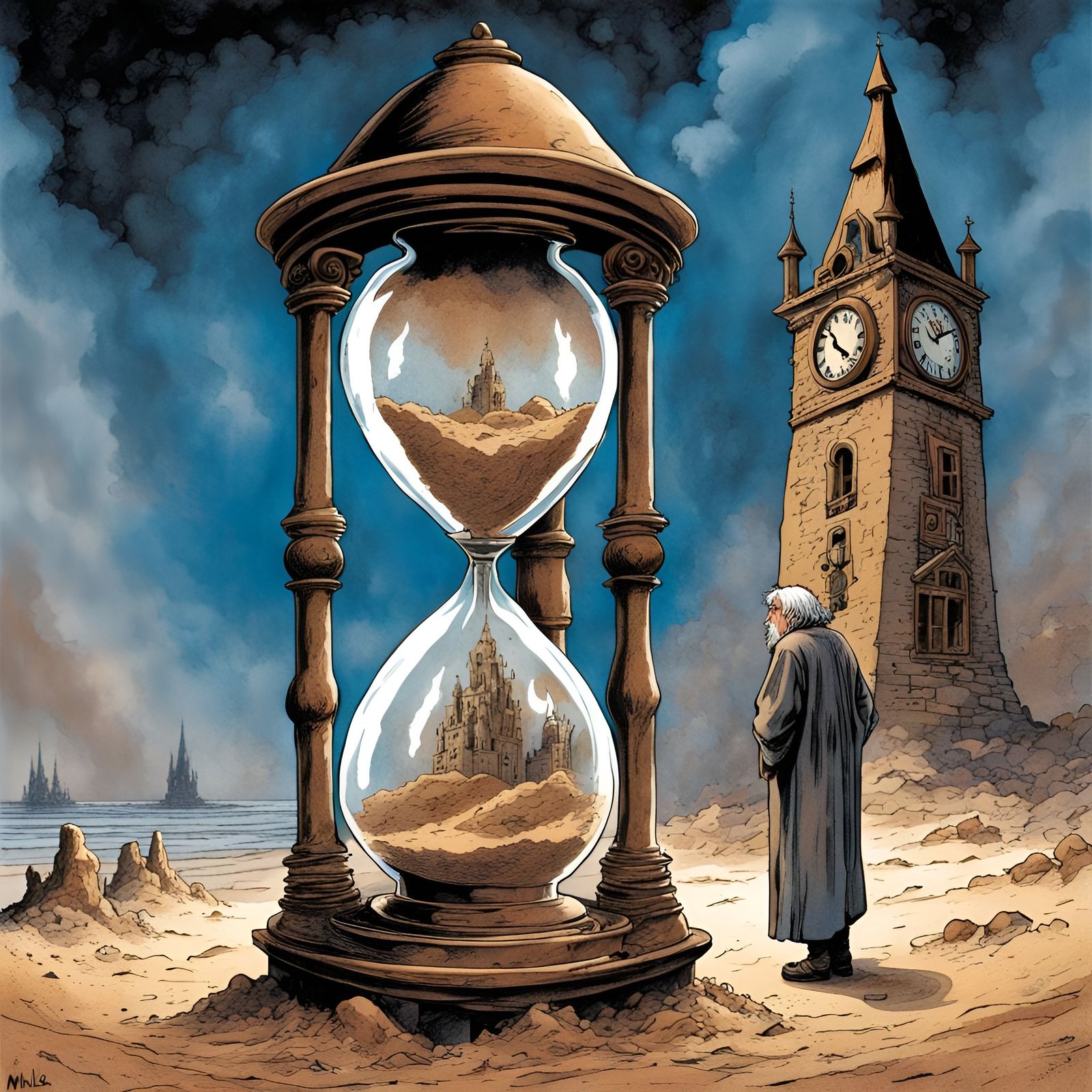 Wizard Watches Hourglass in Clocktower, Comic Book Style